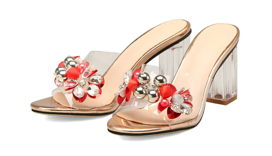 Прозрачные женские шлепанцы из ПВХ на высоком квадратном каблуке с украшением в виде кристаллов; цвет красный, белый; Летние повседневные женские туфли со стразами и цветочным узором для свадебной вечеринки