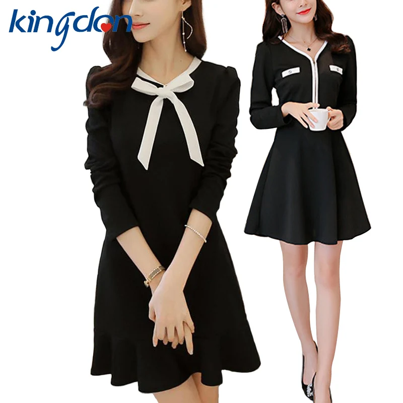 2018 New Black Knitting Dress with white Bow neck Tie Wrist Sleeve Cute ...