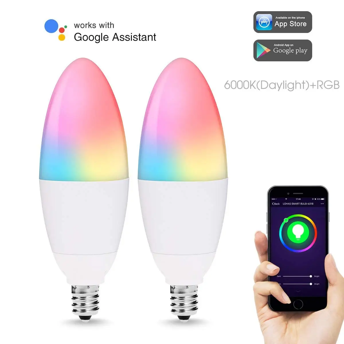 Smart Light Bulb LED E12 Wi Fi Control RGB Candle 40W Equivalent Color