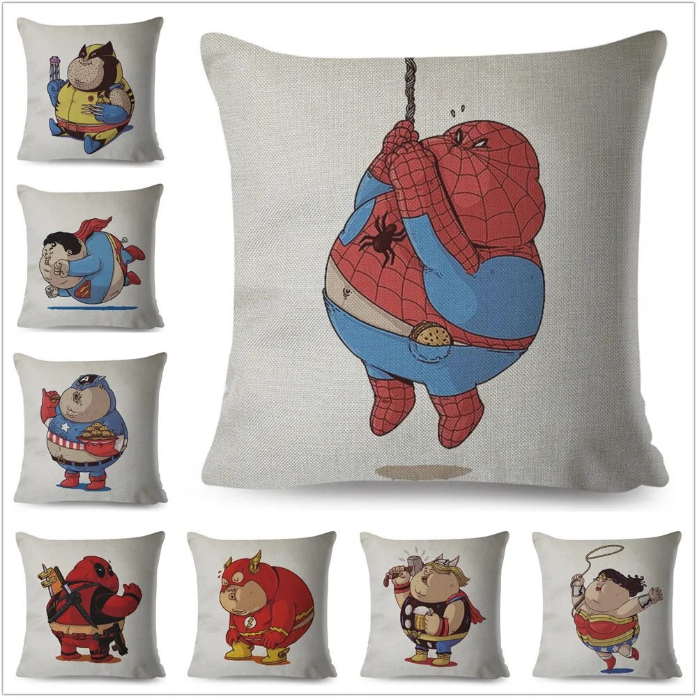 

Cute Cartoon Fat Marvel Avengers Superman Iron Man Spider-man Pillow Case Cushion Cover for Sofa Decor Throw Pillowcase