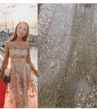 

YG-25 Pretty pattern hand print glitter tulle fabric for lady dress /wedding/ night club/stage,5yards/lot in gold color