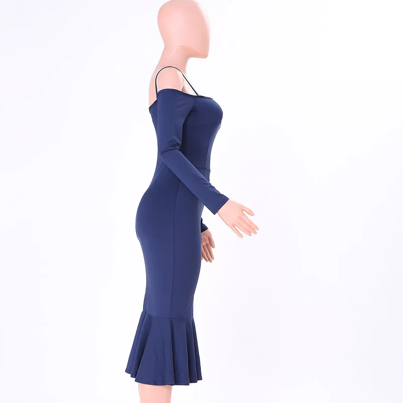 Kostlich Spaghetti Strap Long Sleeve Ruffles Mermaid Party Dresses Slash neck Bodycon Sexy Women Midi Dress 6 Colors Clothing (13)
