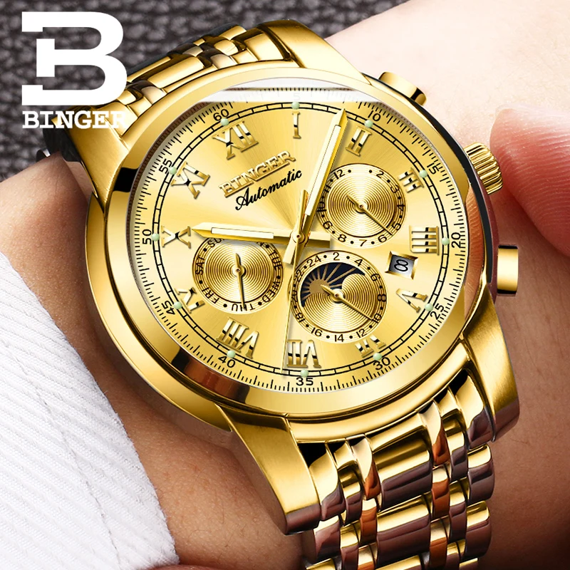

BINGER Fashion Business Mens Automatic Watch Waterproof Mechanical Watch Mens Roman Dial Sport Watches Relogio Masculino