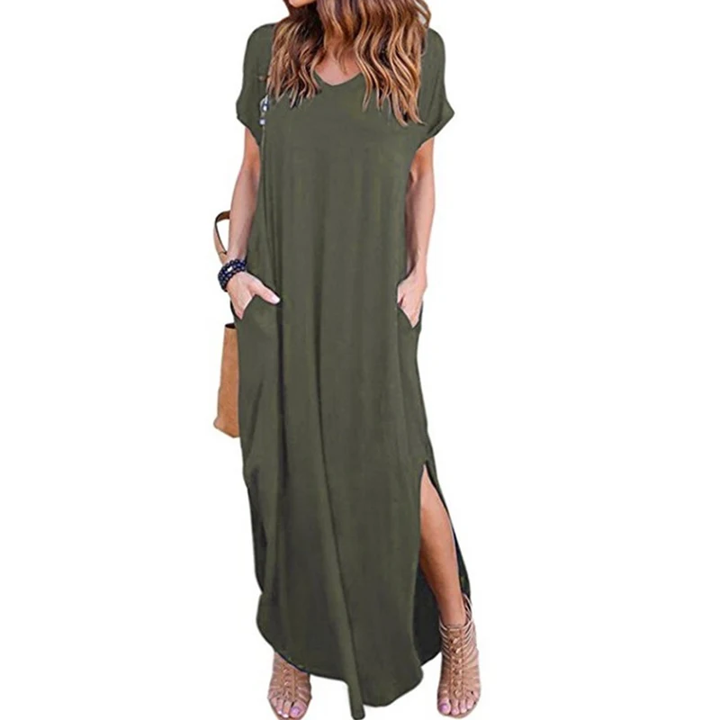CHICEVER летние женские платья с круглым вырезом и коротким рукавом, с неровным разрезом, свободные, большие карманы, длинное платье для женщин, модная новинка - Цвет: Green