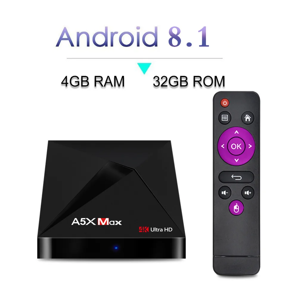 

A5X MAX Android 8.1 TV Box RK3328 set-top box 4GB RAM 32GB ROM smart media player 2.4G WIFI BT4.0 Support HDR 4K set top box