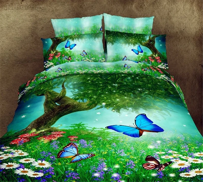 HD Green Flowers Butterfly Fly Printed Bedding Set Women Soft 100
