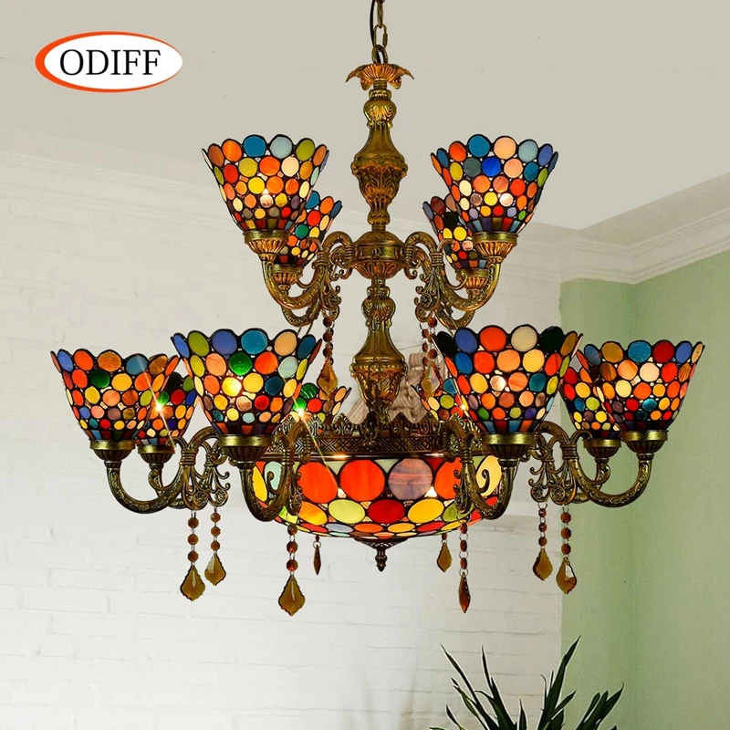 

ODIFF European Retro stained glass 12 head Hotel living room villa Bar Double-deck Crystal Colorful Pendant Lights 110-240V