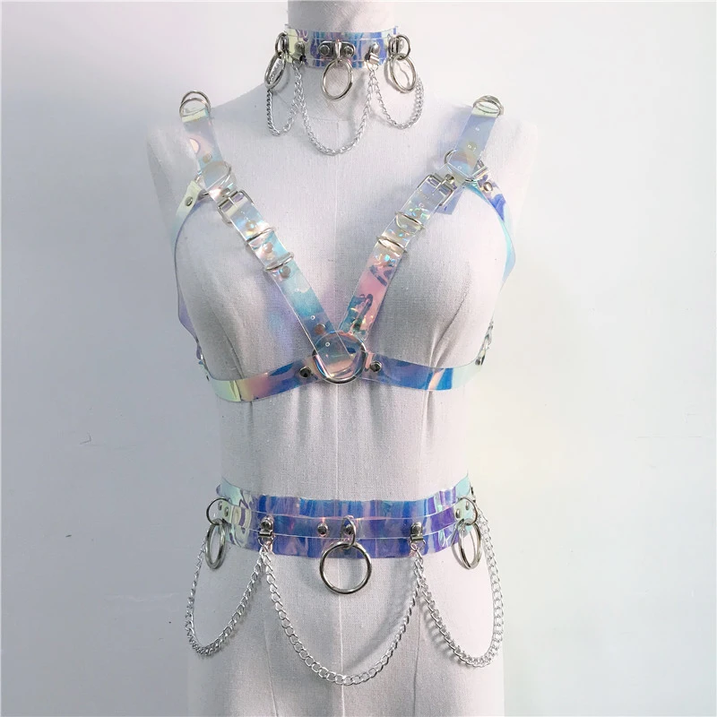 

Gothic Handmade Holographic PVC 3 Piece Set Women Collar Choker Sexy Crop Top Link Chain Waist Belt Rave Festival Matching Sets