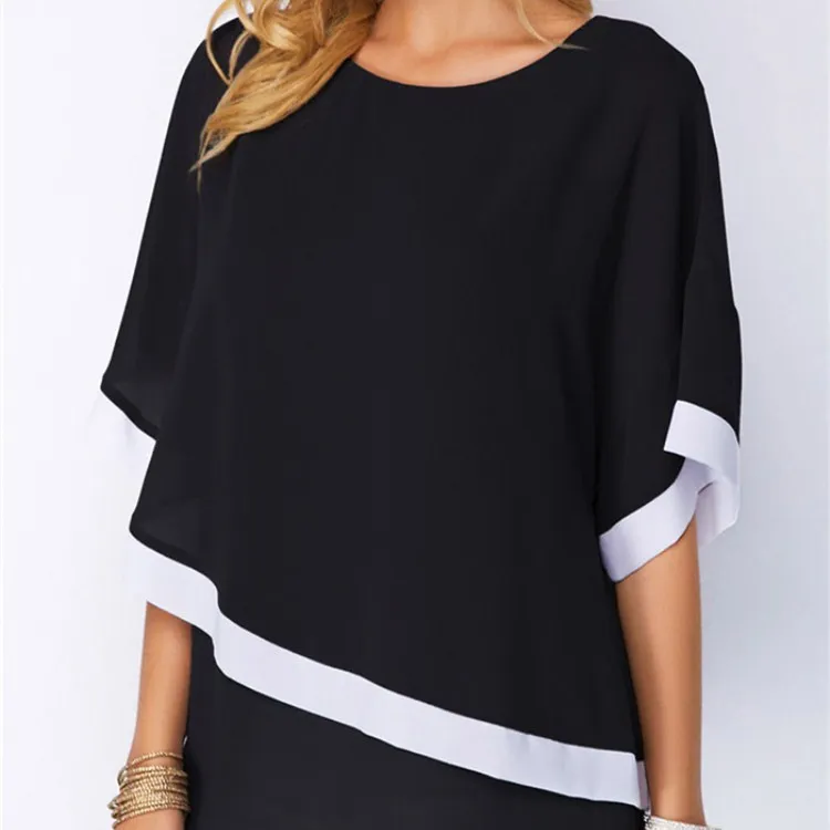 Fashion Large Size Chiffon Patchwork Irregular Blouse Casual Batwing O Neck 2019 Summer Women Shirts Plus Size Clothing
