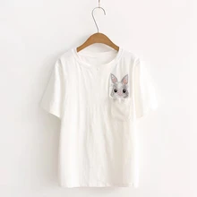 Для женщин Леди Милая рубашка кролик карманные Вышивка рисунком круглый Средства ухода за кожей Шеи Лето