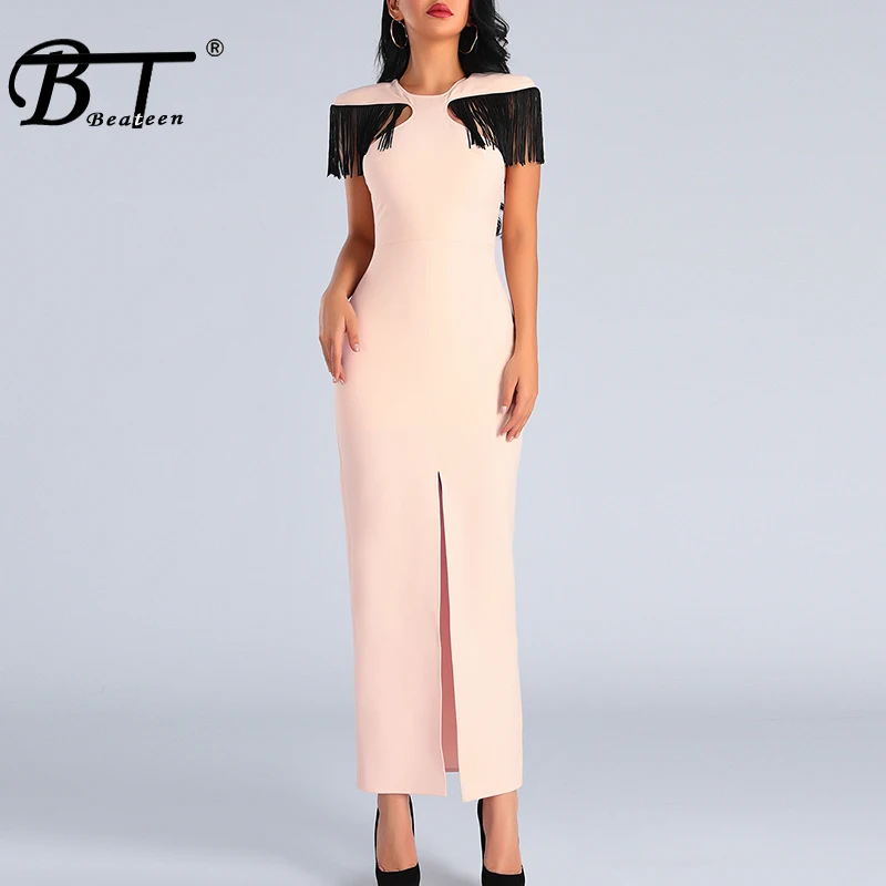 

Beateen 2019 Summer New Fashion O Neck Sexy Cap Fringe Sleeves Front Split Bodycon Ankle Length Women Party Lady Club Dress