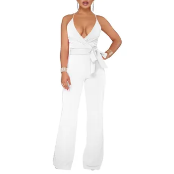 

2019 Women Spaghetti Strap Backless Jumpsuit Casual Wide Leg Playsuit Sleeveless Lace Up Overalls