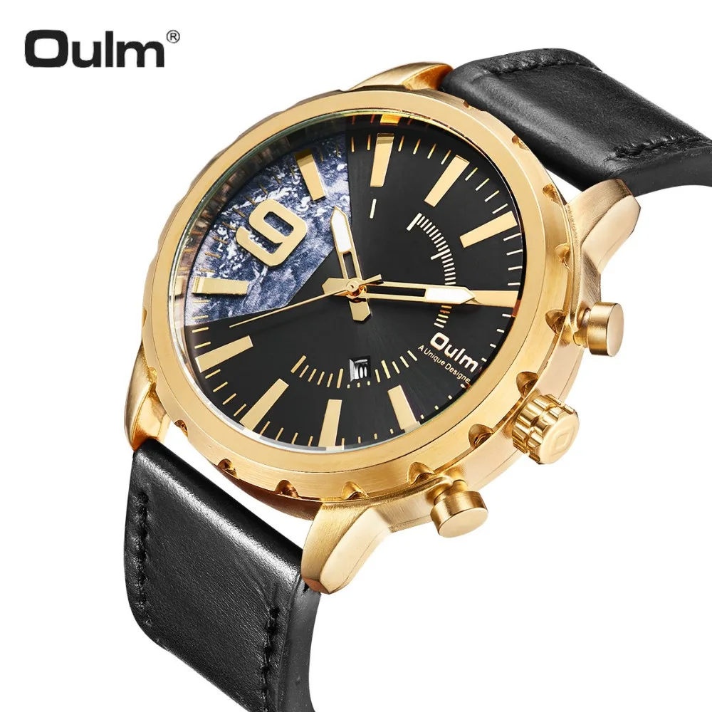 

OULM Royal Oversize Watch Men Quartz Clock Black Leather Strap Big Number Creative Dial Concise Mens Watches Top Brand Luxury