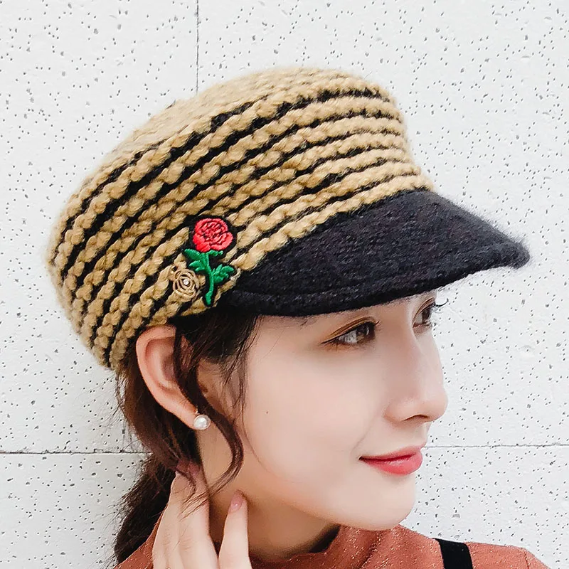 Новая Вязаная военная шапка для женщин смешивание шерсти вязаная шапка женская повседневная патч в виде шляпы цветок розы осень зима бейсболка