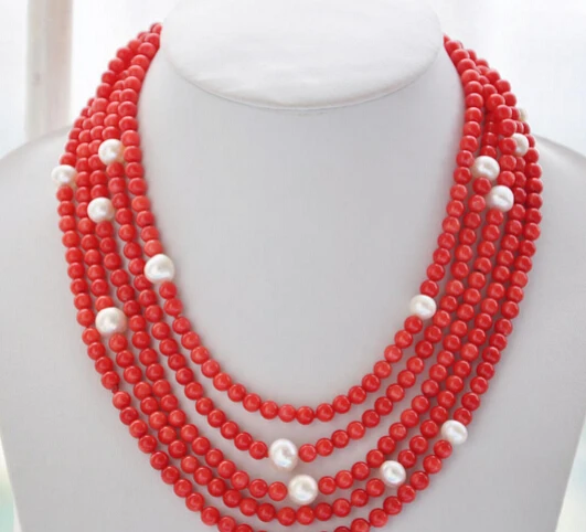 

Jewelr 004964 6mm round red coral 10mm round white freshwater pearl necklace 100inch
