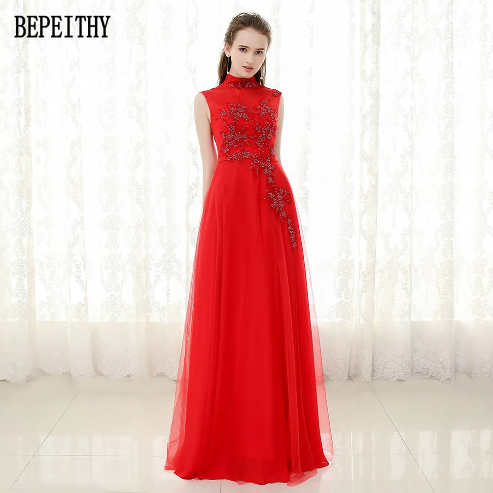 30  BEPEITHY Vestido De Festa High Neck New Design Beads Prom Dress Beads A-Line Red Long Evening Dresses 2017 (2)