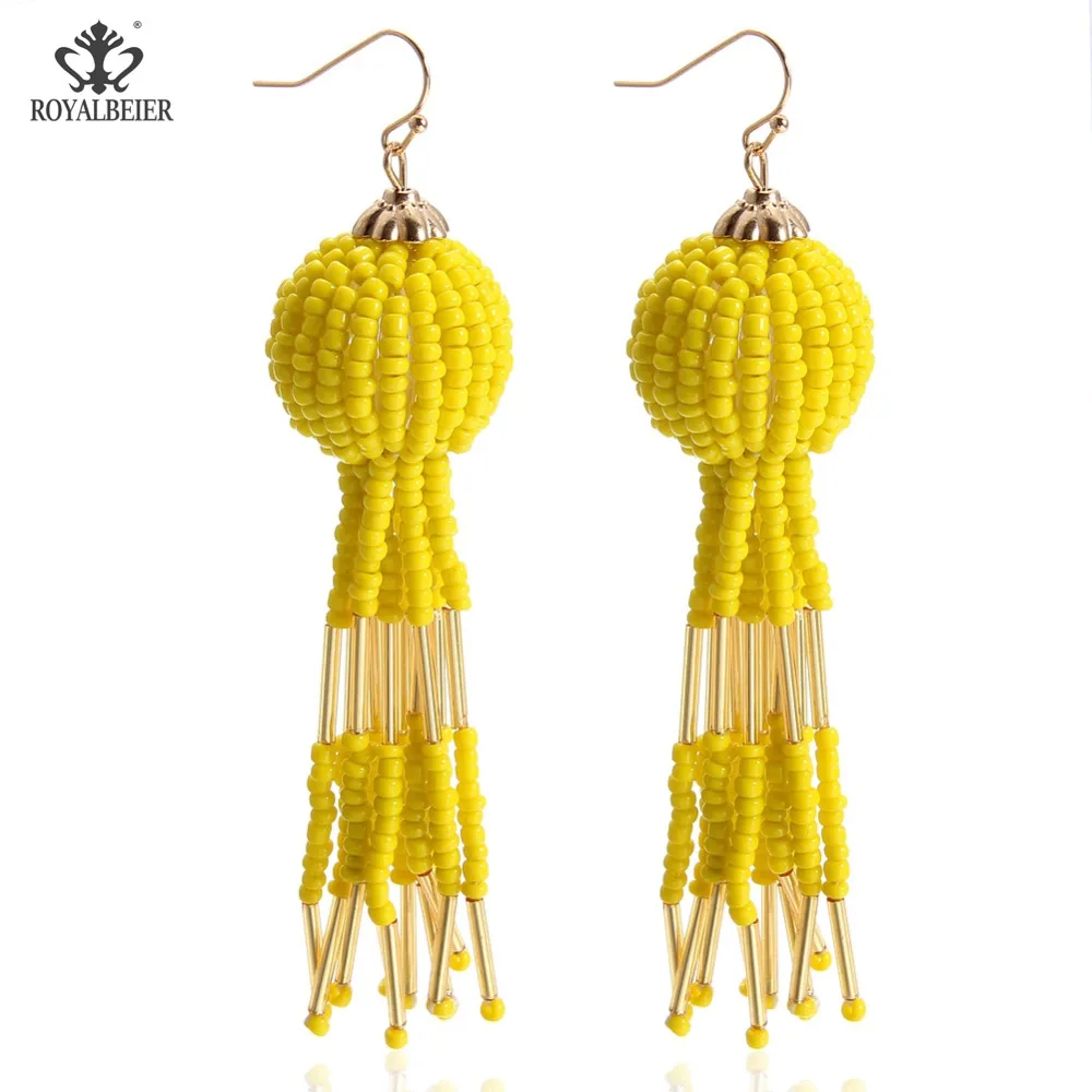 Royalbeier Multi Colors Glass Bead Long Tassel Earring Handmade Tassels