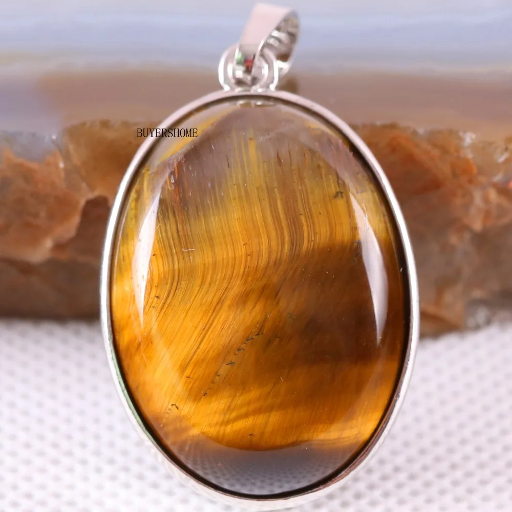 

Free Shipping Silver Color Oval Natural Stone Bead Gold Tiger's Eye Women Necklace Pendant 1Pcs K651