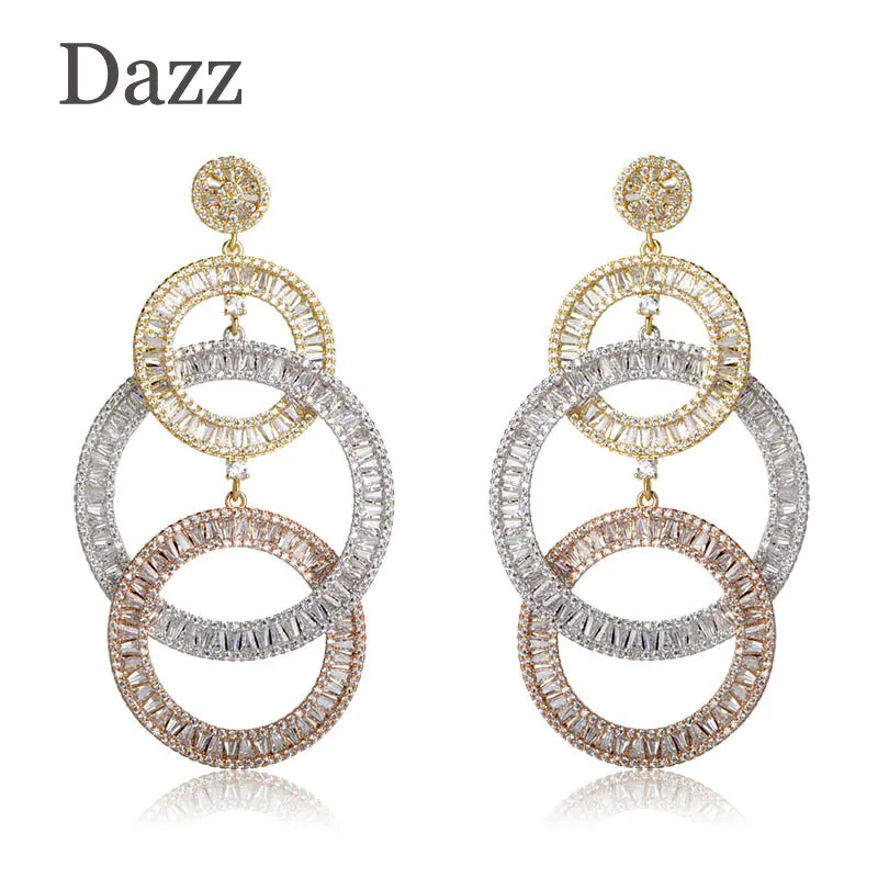 

Dazz Luxury Three Round Shape Dangle Earrings Shiny Multicolor Cubic Zirconia Women Wedding Engagement Dress Big Earrings Bijoux