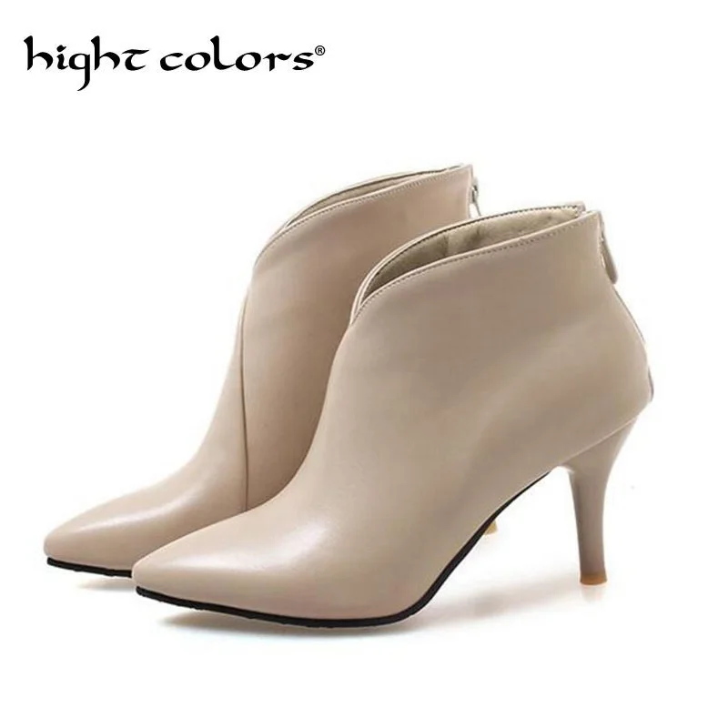 

Women Sexy Thin High Heel Ankle Boots Fashion Zipper Pointed Toe High-Heeled Single Boots Shoes Woman Black Beige Brown