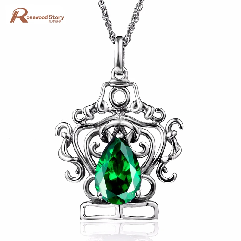 

New Fashion Jewelry Crystal Crown Pendants Necklace Created Emerald Soild 925 Sterling Silver Statement Necklaces Pendants