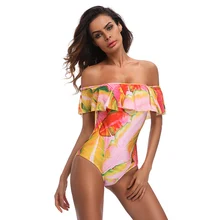 Цельный купальник с принтом, женский купальник с рюшами, сексуальный купальник на одно плечо, женский купальный костюм, монокини, купальный костюм