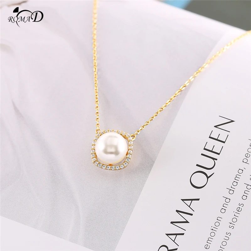 

Square pearl design clavicle necklace Exclusive design 925 sterling silver necklace plating + high quality zircon design A30