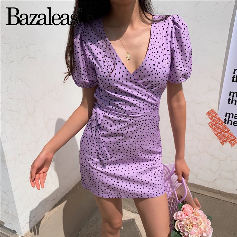 Женское винтажное мини платье Bazaleas фиолетовое в горошек с поясом и