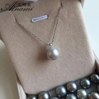 

[Ainami] 18K white Gold pendant grey pearl Jewelry 9-10mm tahitian Pearl bohemian pendants necklace S925 silver chian for gift
