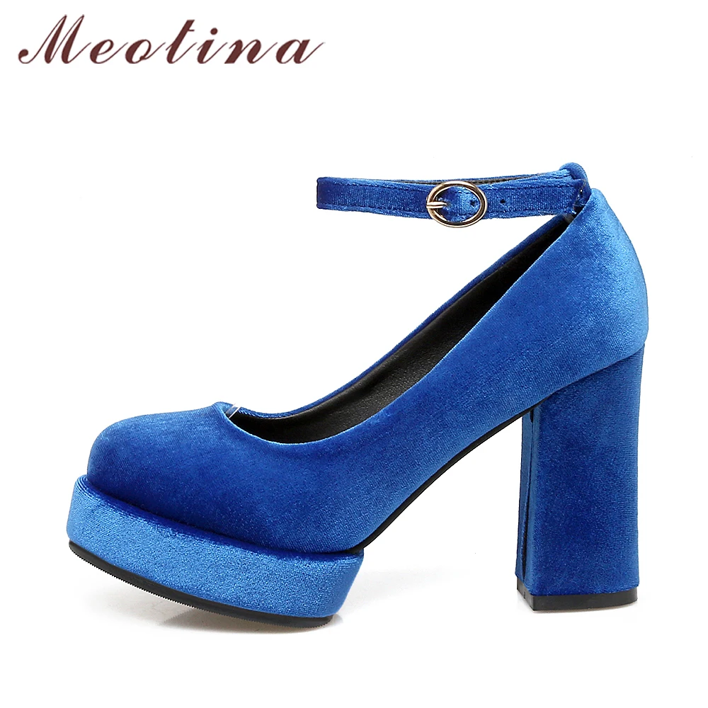 Meotina/женские туфли-лодочки бархатные туфли на платформе и высоком каблуке г. Фиолетовые Вечерние туфли на толстом каблуке с ремешком на щиколотке обувь черного и синего цвета, размеры 34-39