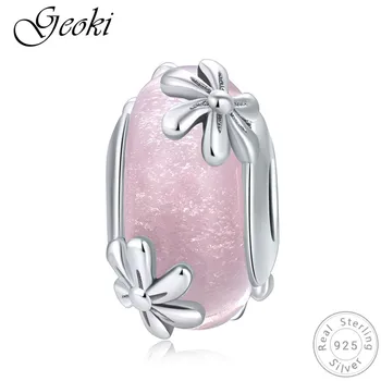 

Geoki 925 Sterling Silver Cute Blossom Paved Pink Murano Glass Charms fit Pandora Bracelet Flower Shaped Beads Necklace Pendant