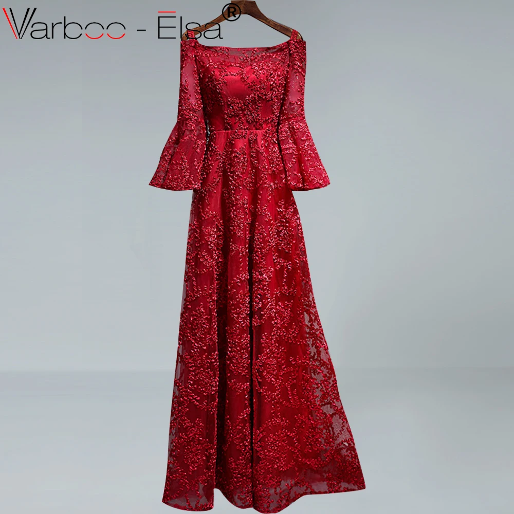 

VARBOO_ELSA wine red Prom Dress elegant scoop neck Three Quarter wedding party formal dress A-line evening dresses in stock