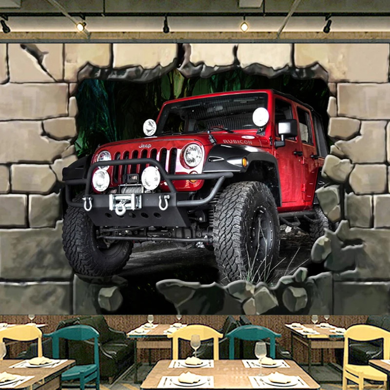 3D обои современный мультфильм красный автомобиль сломанная стена фото фрески