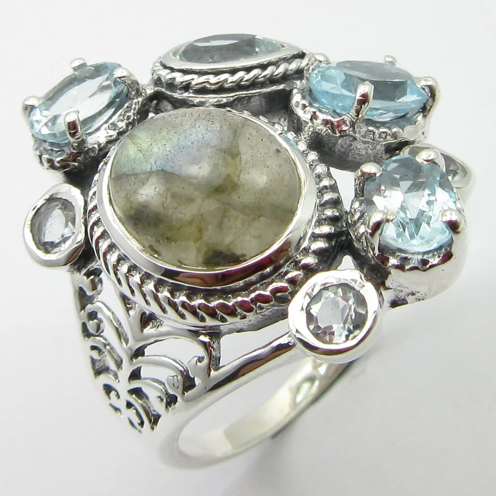 

Silver Labradorite, Blue Topazs Ring Size 8 Gem Stone Wholesale Jewelry Unique Designed