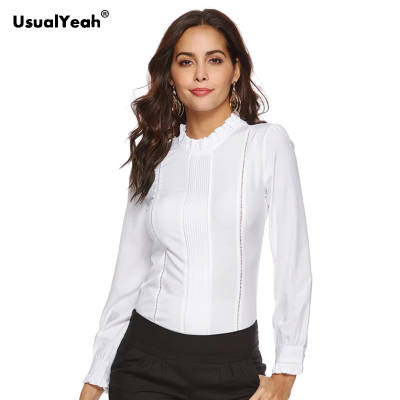 UsualYeah Осенняя белая рубашка с воротником и оборками, плиссированная рубашка с длинным рукавом, элегантный топ, тонкий топ на молнии, офисный женский боди