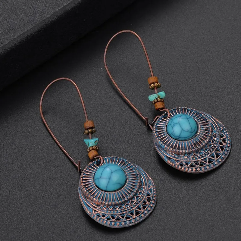 

Vintage Women Tribal Flower Hollow Geometric Stone Beads 3 Styles Earrings Retro Metal Flower Pendant Female Stud Earring