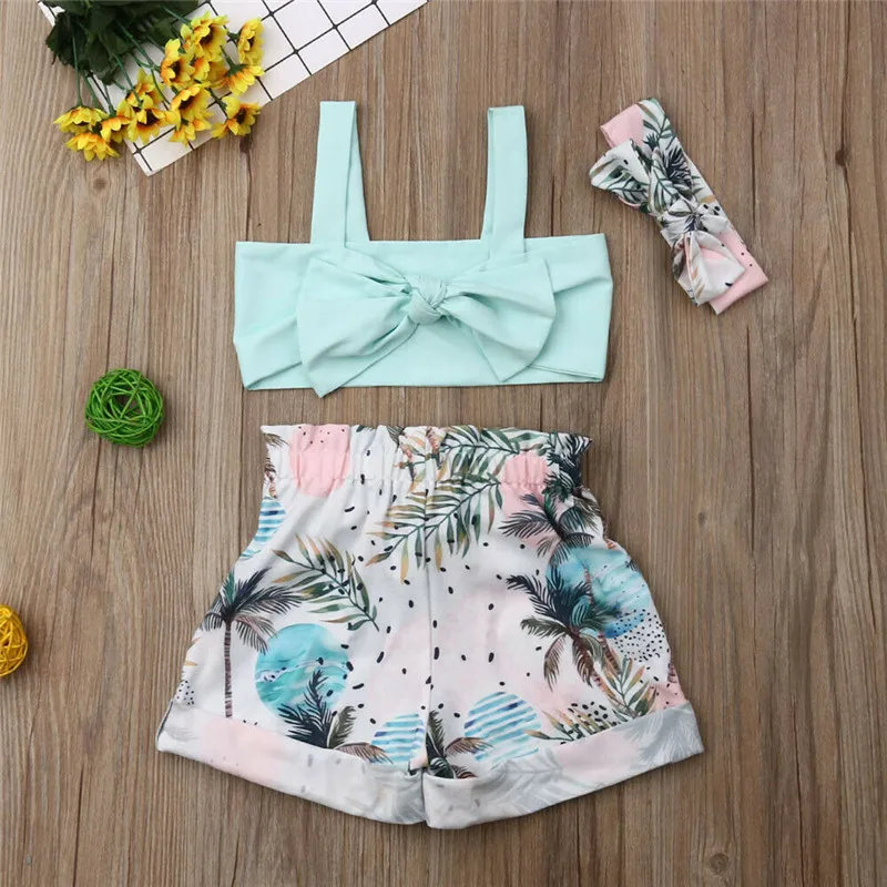 

3Pcs Toddler Baby Girls Summer Clothes Cute Kid Girl Summer Sleeveless Bowknot Tank Crop Top Floral Printed Shorts Beach Outfits
