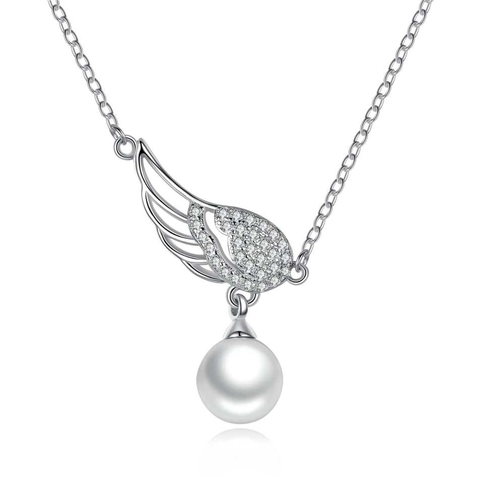 

2018 High Quality 925 Sterling Silver New Fashion Pearls Jewelry Simulated-Pearl Wing Pendants Necklaces For Women Gifts Jewelry