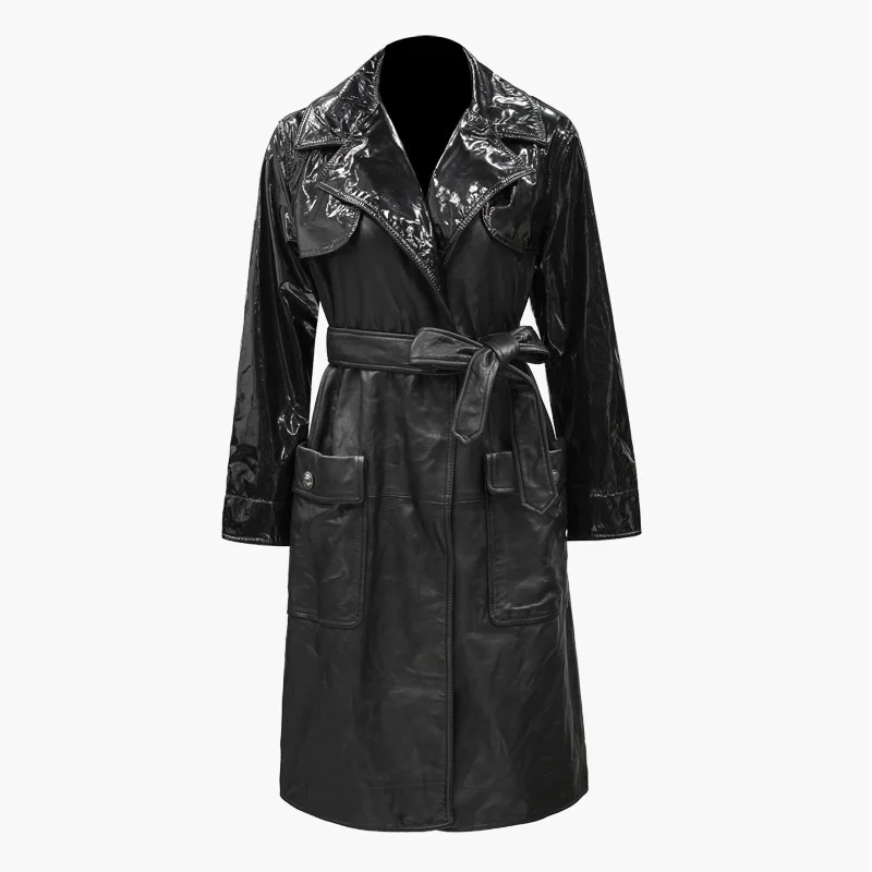 vent Mode Automne Pu Turn Poches Femmes Section Patchwork Coupe Qlzw Vêtements Longue Black Be207 Pour Col Manteau down Ceintures Tranchée gq47Wxwnap