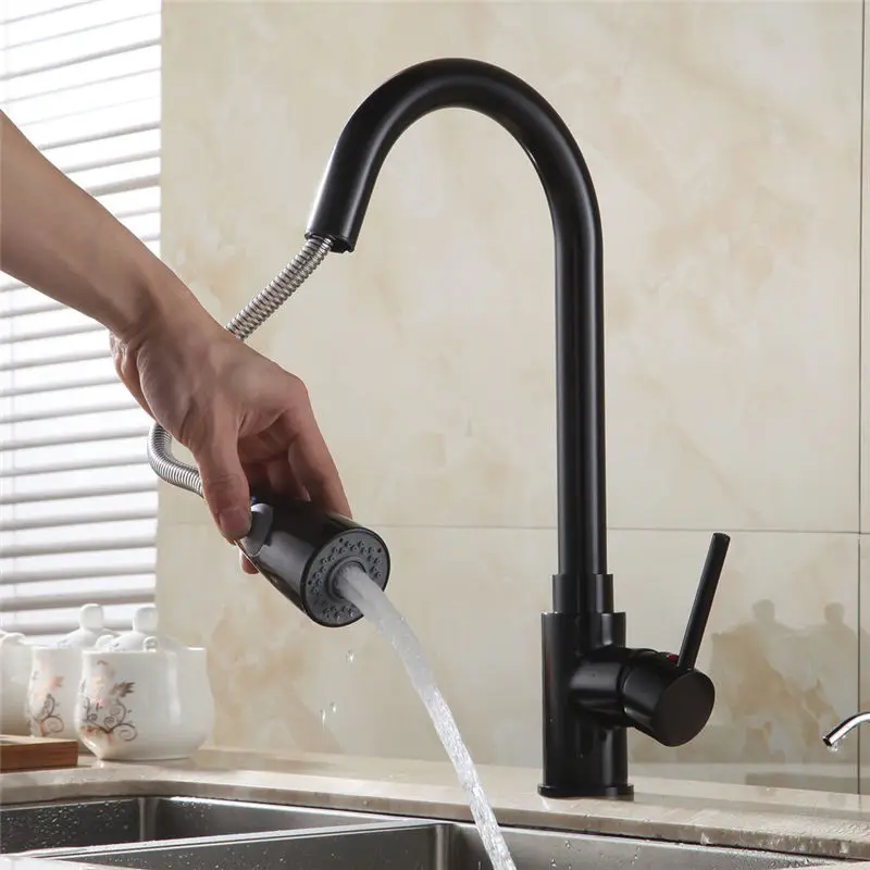  Kitchen Faucets Brass Black Pull Out Kitchen Mixer Tap 2 Way Function Water Mixer Deck Mounted Sing - 32371736532