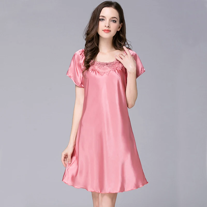 Ng0293 Women Nightgown Sleepshirt Summer Short Sleeve Nightdress Satin 