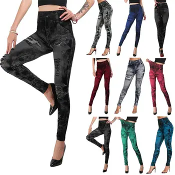

Women Imitation Distressed Denim Jeans Leggings Pants Lady Female 2019 Casual High Waist Slim Elastic Pencil Pants S-3XL