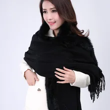 Winter New Black Chinese Women Wool Cashmere Shawl Rabbit Fur Scarf Cape Thick Warm Scarves Pashmina Tippet 176 x 68cm