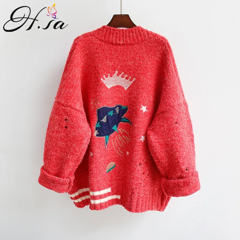 Online HSA 2018 Autumn Winter Women Sweater Cardigans Cartoon Embroidery Cardigans Poncho Single Breasted Knit Sweater Harajuku out Top