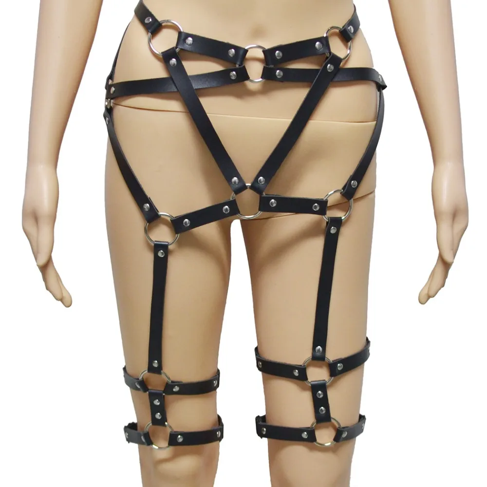 

New Fashion Sexy Women Black Leather Harness Rivets Bondage Body Chain Leg Chain Harness Belt Body Jewelry Hot Accessory