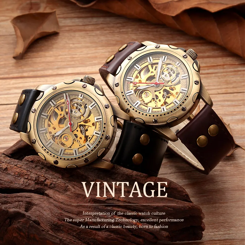 Retro Bronze Skeleton Mechanical Watch Men Automatic Watches Sport Luxury Top Brand Leather Watch Relogio Masculino Male Clock