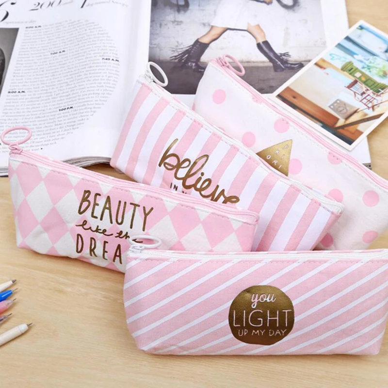 Kawaii Pink Grid Pencil Case for Girls Women Large Capacity Canvas