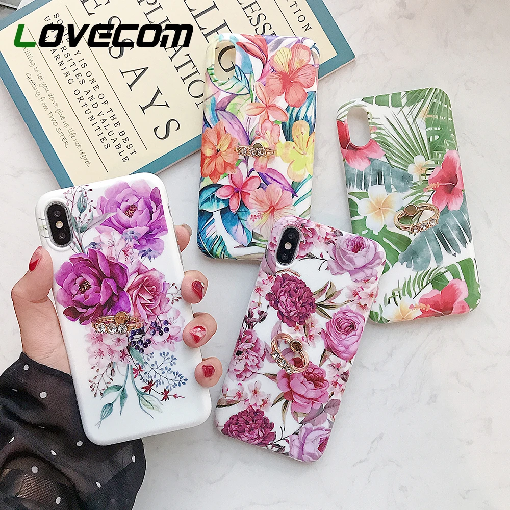 

LOVECOM Retro Flower Ring Stand Phone Case For iPhone XR X XS Max 7 8 6 Plus Case Soft IMD Protector Full Body Cover Phone Shell