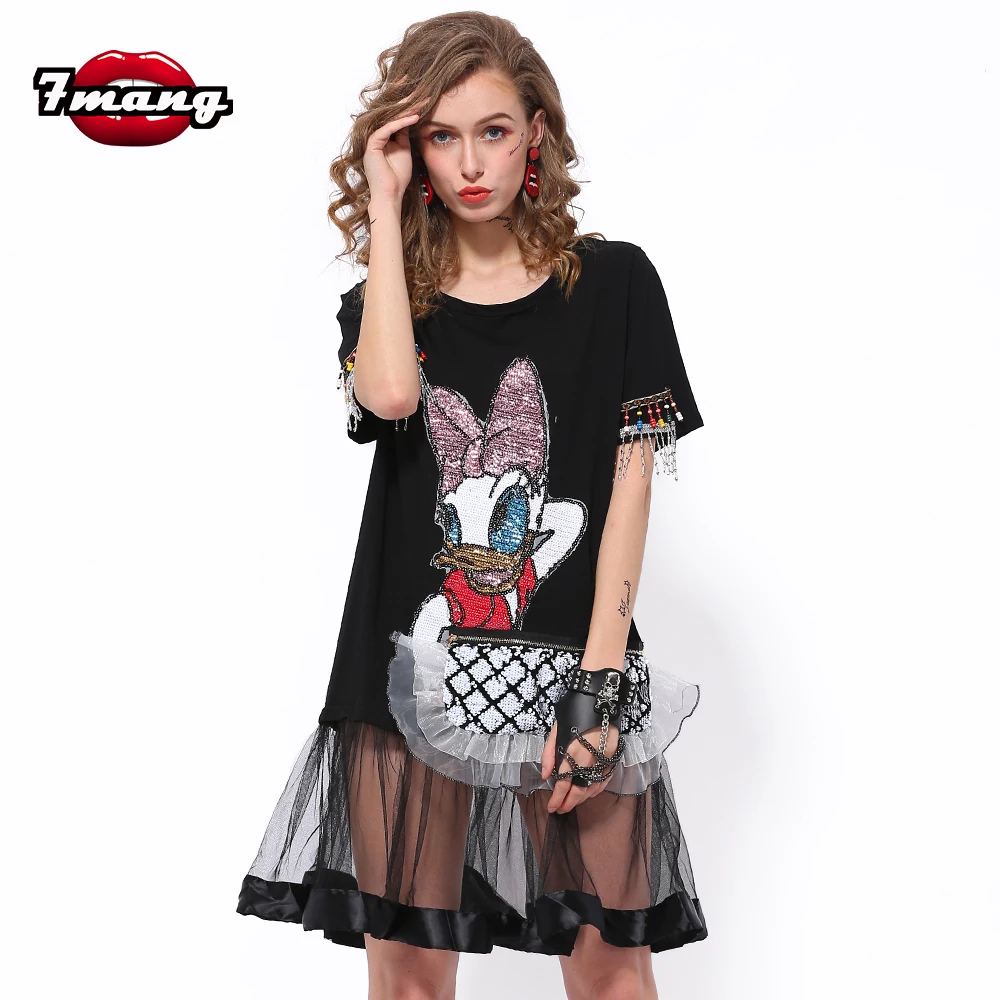 

7Mang 2019 Summer Kwaii Cartoon Duck Sequin Dress Black Short Sleeve Mesh Dress Fringe Party Club Loose Shirt Dresses 0122