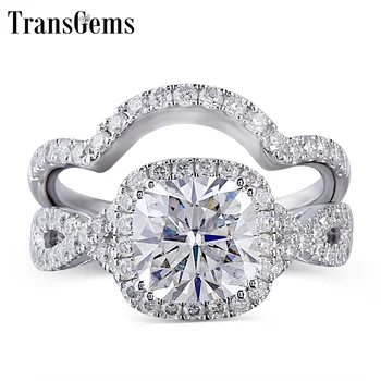 

TransGems Solid 10K White Gold Engagement Bridal Set Center 2ct 7.5MM Square Cushion Cut Halo Moissanite Ring Set for Women